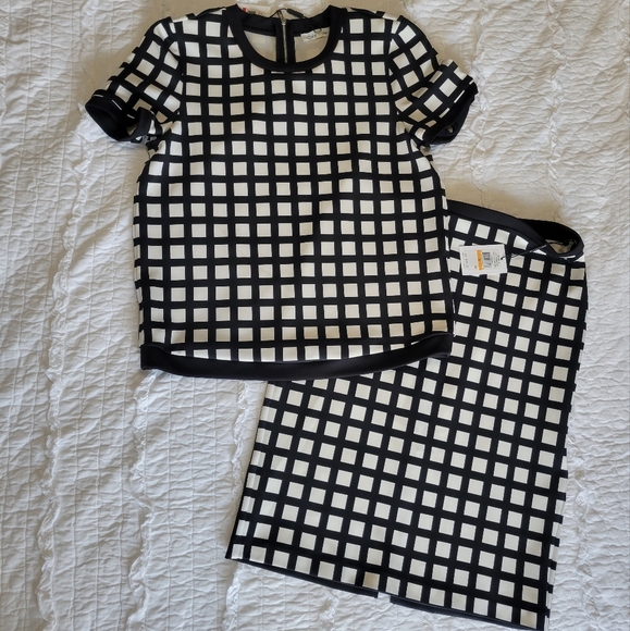 Calvin Klein 2 Piece Top & Skirt Set Black & White Plaid XS/S NWT Stretch